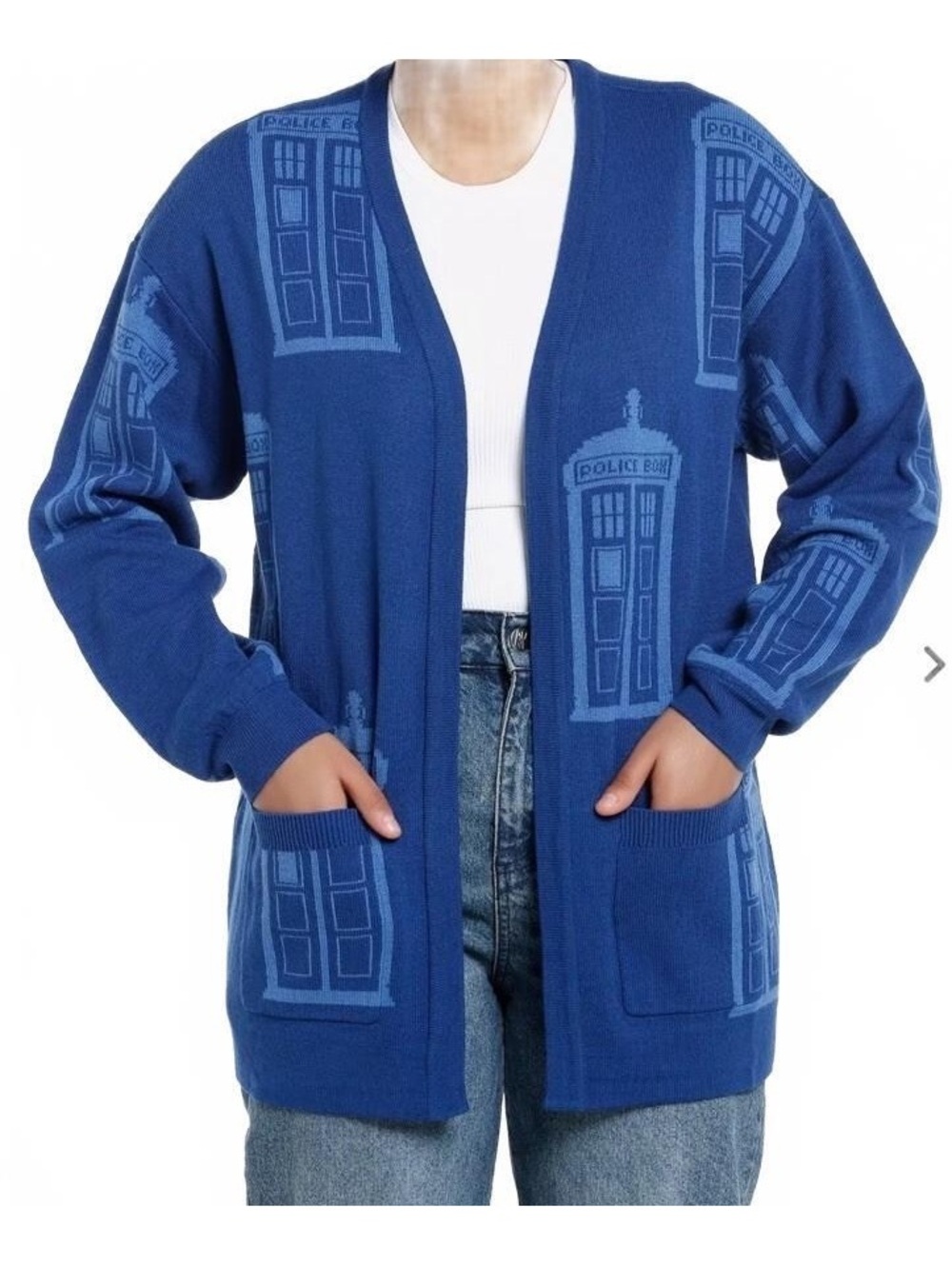 Her Universe Doctor Who 60 Years TARDIS Blue Acrylic Cardigan Sweater 3XL